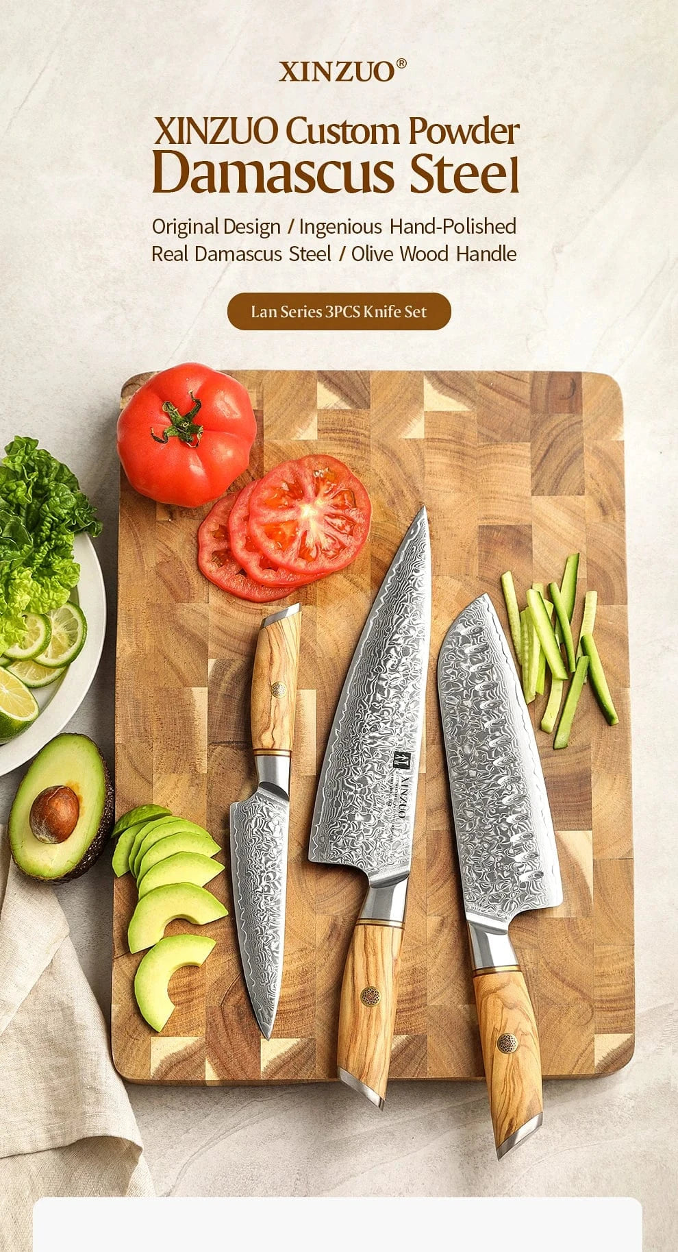 China Knife Set XINZUO 3PCS Knife Set 73 Layers Damascus Steel Razor Sharp Blade