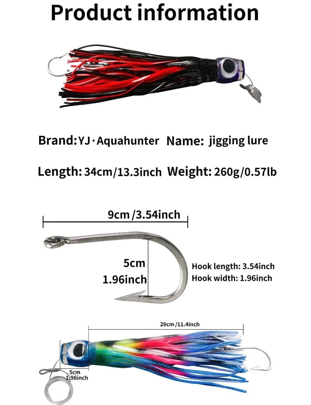 China LURES 1pc Deep Sea Trolling Skirt Tuna Lures 34cm 260g/13.4inch 9oz Boat Fishing Tackle Saltwater Lures for Mahi Marlin Wahoo Billfish