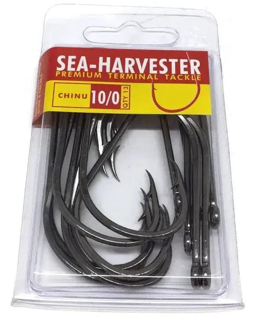 Chinu Hook 10/0 Bulk 13 pack showing versatile self-setting hooks for fishing, featuring a strong carbon forged wire.