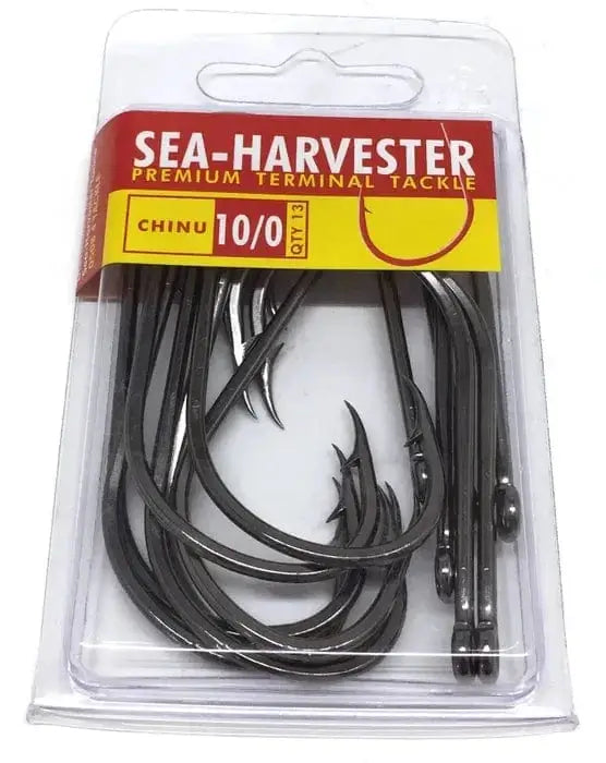 Chinu Hook 10/0 Bulk 13 in a clear packaging with multiple sturdy hooks for versatile fishing use.