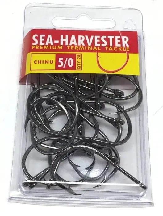Chinu Hook 5/0 Bulk 28 versatile self-setting hooks in a premium packaging with a clear view of the hooks.