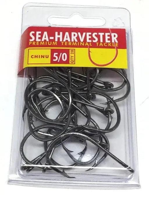 Chinu Hook 5/0 Bulk 28 versatile self-setting hooks in a premium packaging with a clear view of the hooks.