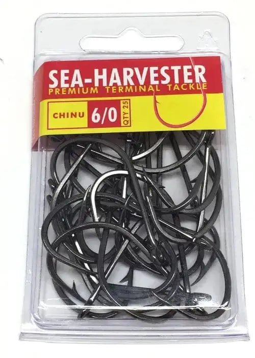 Chinu Hook 6/0 Bulk 25 versatile self-setting hooks in a clear packaging by Sea-Harvester.