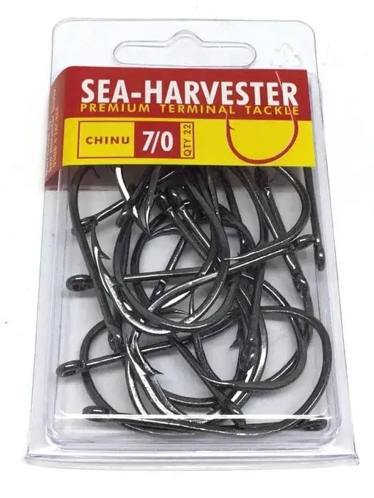 Chinu Hook 7/0 Bulk 22 in a packaging by Sea-Harvester, featuring strong high carbon forged wire.