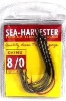 Chinu Hook 8/0 Pkt 4 packaging featuring high carbon forged wire hooks for fishing.