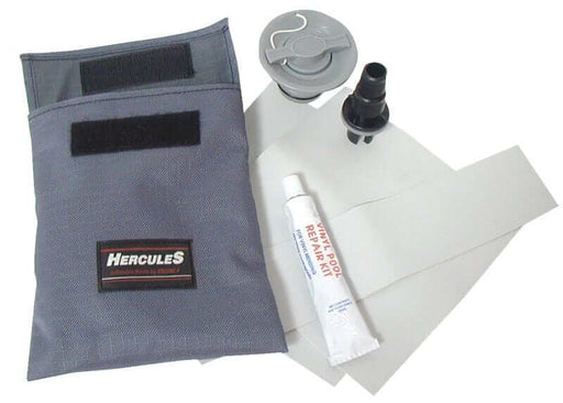 Inflatable Boat Repair Kit with glue, inflating valve, buffing sand paper and PVC material pieces.