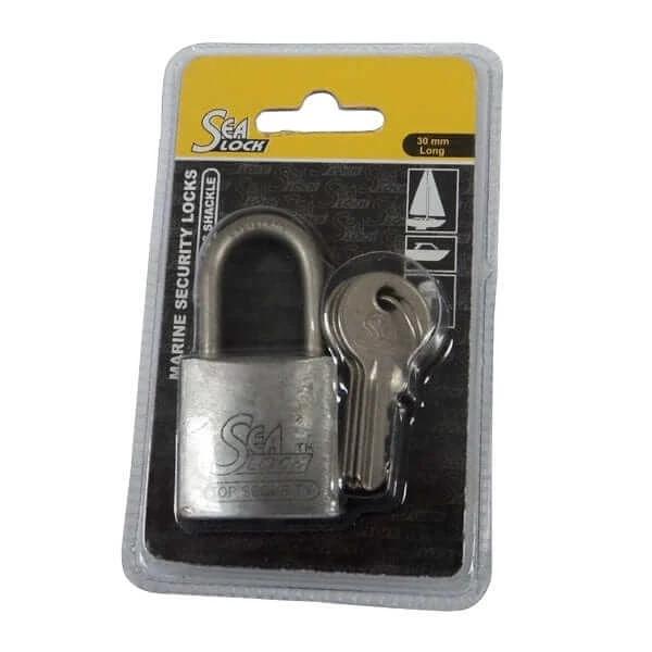 Marine 30mm Padlock X 1PCS in packaging showing chrome plated brass body and keys.