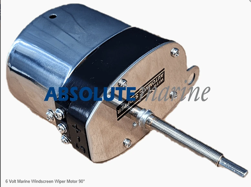 6 Volt Marine Windscreen Wiper Motor 90° featuring a sleek design and metal body for vintage and marine applications.