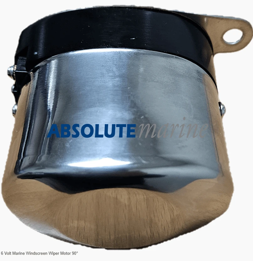 6 Volt Marine Windscreen Wiper Motor 90° shown with polished chrome finish and mounting bracket.
