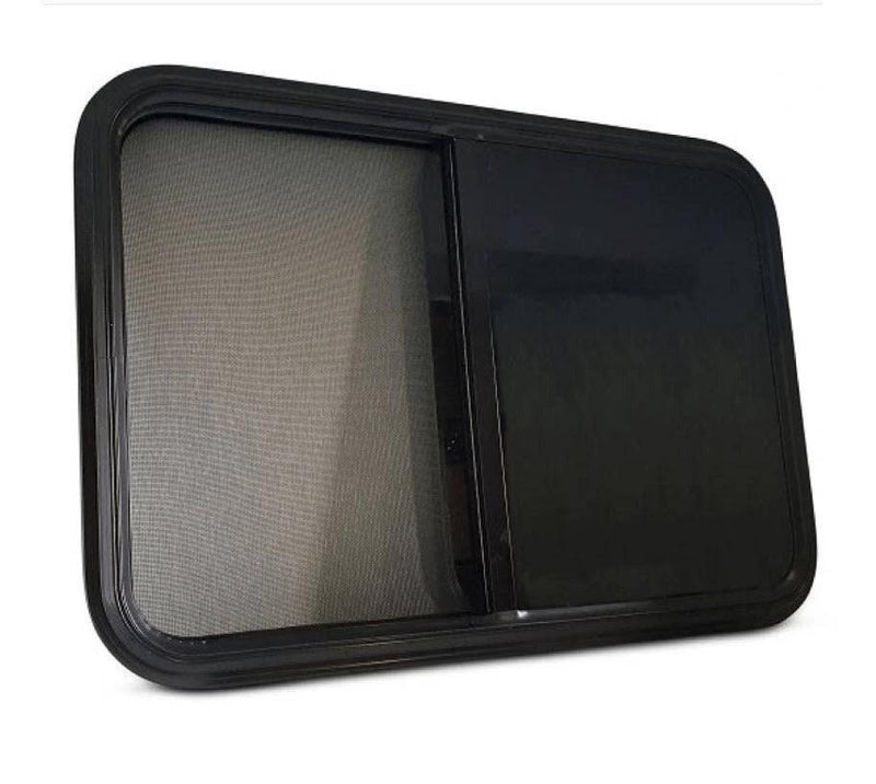 Window Aluminium Sliding Black 595 x 340mm with charcoal mesh flyscreen and flush-mounted design.