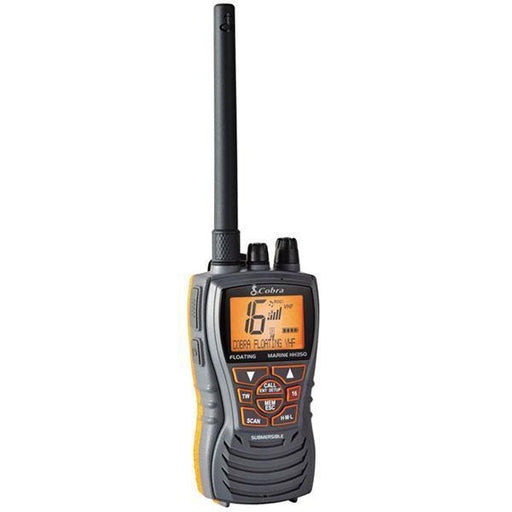 Cobra MR HH350 Floating Handheld VHF Radio with orange core for high visibility and noise-cancelling microphone.