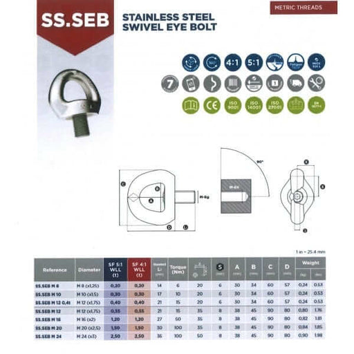Codipro Stainless AISI-316 SEB Swivel Eye Bolt specifications and features chart including dimensions and safety factors.