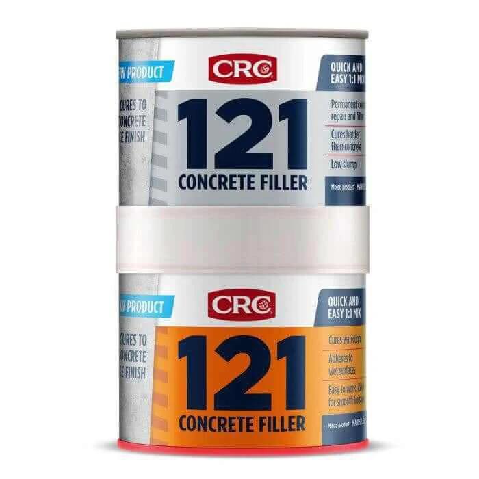 CRC 121 Concrete Filler 1.5Kg 1751845 packaging showing features for watertight repairs with smooth finish.