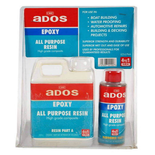 CRC All Purpose Resin 1.25L packaging featuring Resin Part A and Hardener for boat building and waterproofing.