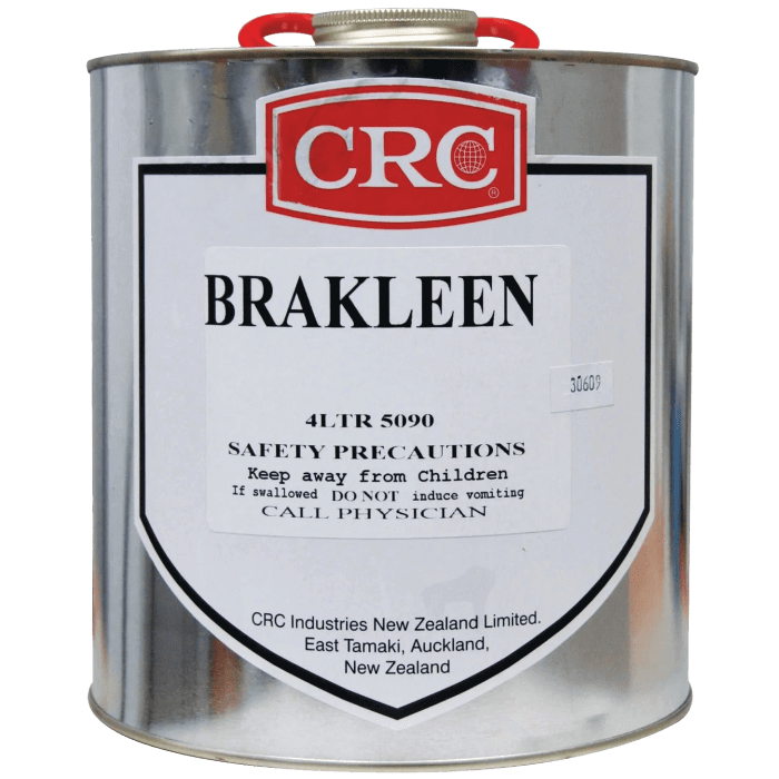 CRC Brakleen Brake Cleaner Original 4L can, highlighting safety precautions and product details.