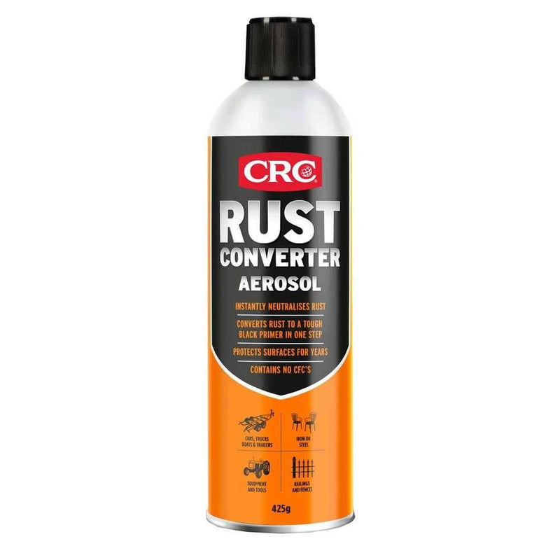 CRC Rust Converter and Primer Aerosol 425g can for treating rusted metal surfaces and providing a waterproof barrier.