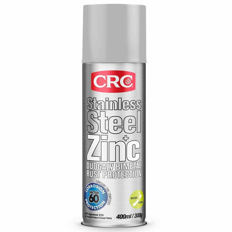 CRC Stainless Steel + Zinc Rust Protection 400ml aerosol can for superior rust inhibiting and bimetal protection.