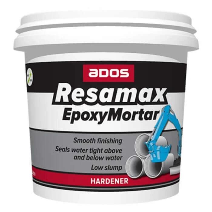 ADOS Resamax Epoxy Mortar Hardener 10L container for smooth, watertight repairs on concrete and brick surfaces.