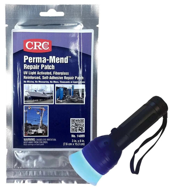 CRC Perma-Mend UV Flash Light with fiberglass reinforced repair patch packaging