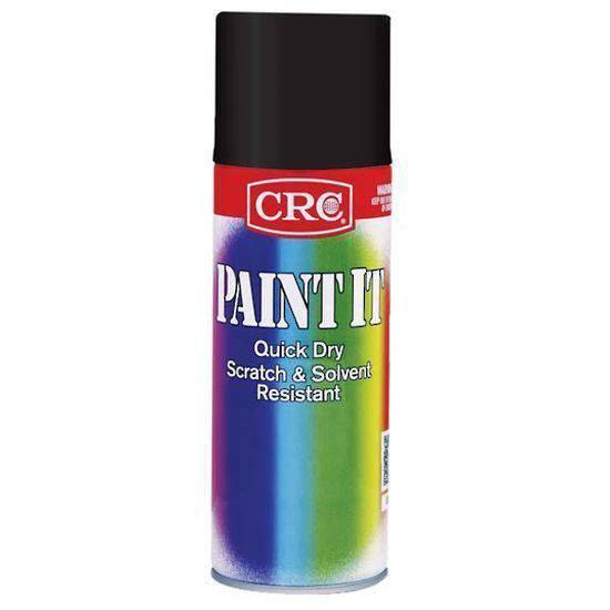 CRC Paint It Black Satin 400ml 3378 quick-drying enamel paint canister with vibrant rainbow design.