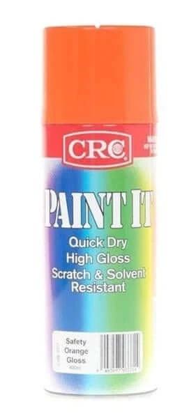 CRC Paint It Safety Orange 400ml 3371 quick-drying enamel paint with high gloss finish.