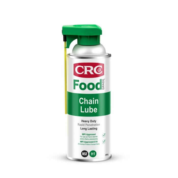 CRC Food Grade Chain Lube 340g can, designed for heavy duty lubrication with rapid penetration and long-lasting protection.