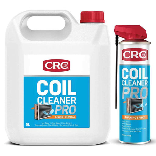 CRC Coil Cleaner Pro 550ml 1755030 and 5L bottle of CRC Coil Cleaner Pro liquid formula.
