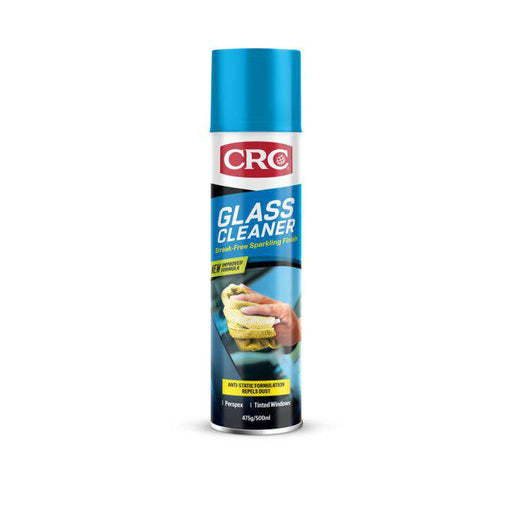 CRC Glass Cleaner Aerosol 500ml can with a sparkling clean window cloth.