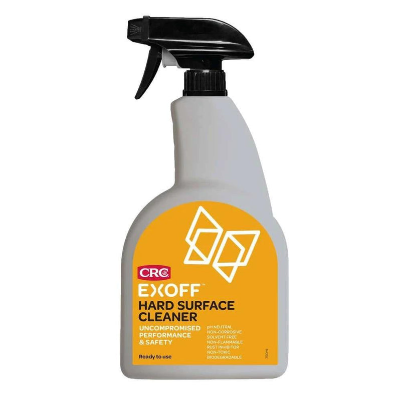CRC EXOFF Hard Surface Cleaner 750ml- 3415 in a spray bottle, featuring performance and safety information.