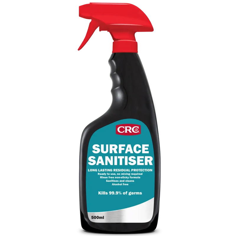 CRC Surface Sanitiser 500ML spray bottle, kills 99.9% of germs, long lasting protection, ready to use.