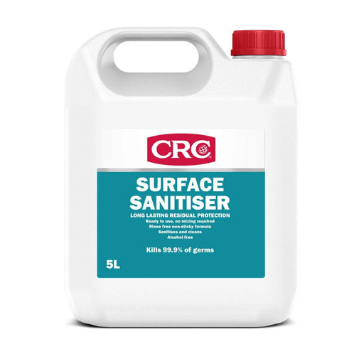 CRC Surface Sanitiser 5L in a 5-litre container, ready to use, kills 99.9% of germs, ideal for multiple surfaces.