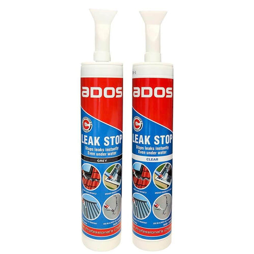 ADOS Leak Stop Clear 300ml and Grey 300ml sealants for instant waterproofing and durability.
