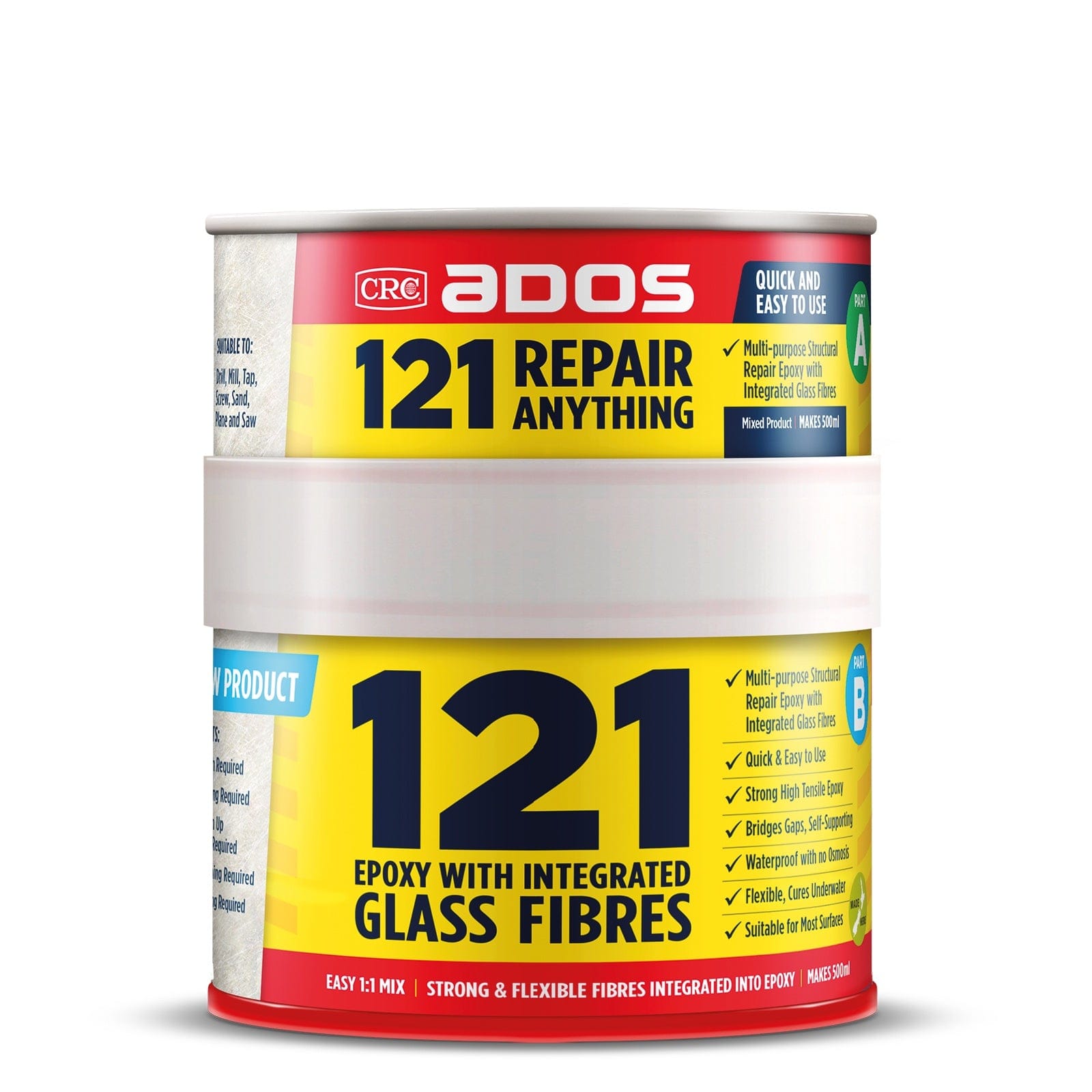 CRC 121 epoxy repair adhesive 500ml packaging with integrated glass fibres for strong repairs.