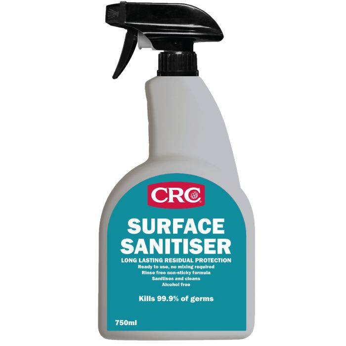 CRC Surface Sanitiser 750mls spray bottle, effective against viruses and bacteria, ready to use.