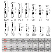 Bulk Barrel Swivel Black 1/0 + Interlock Snap 100pk with detailed size chart and measurements