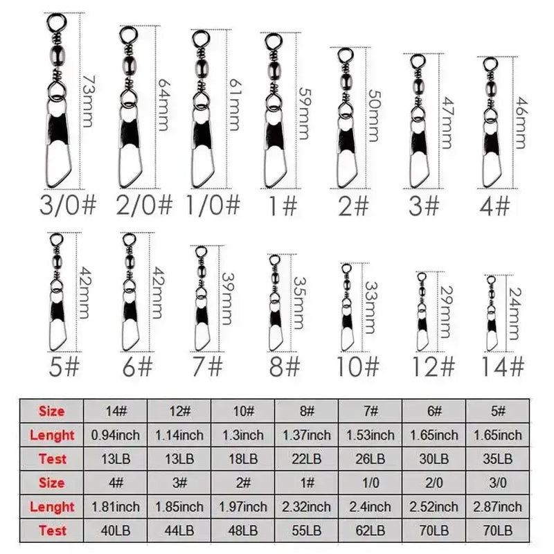 Bulk Barrel Swivel Black 1/0 + Interlock Snap 100pk with detailed size chart and measurements