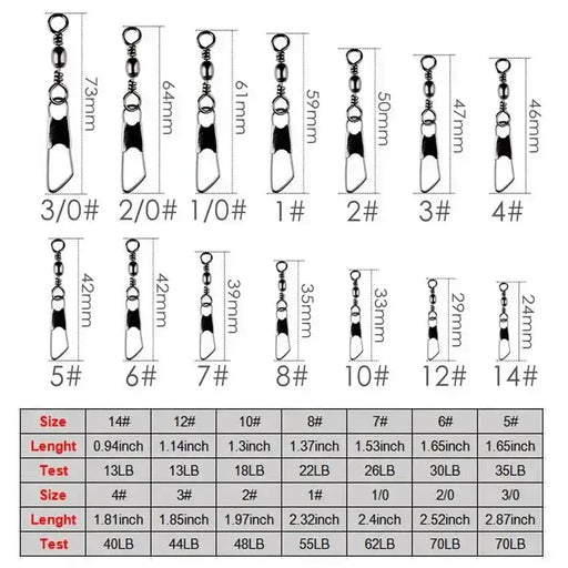 Bulk Barrel Swivel Black 1/0 + Interlock Snap 100pk with detailed size chart and measurements