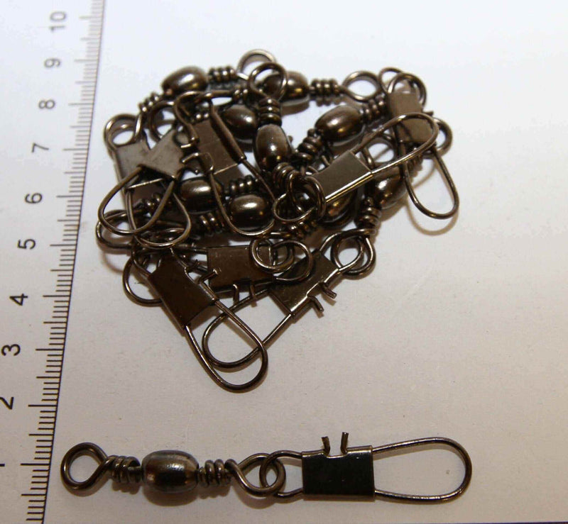 Bulk Barrel Swivel Black 2/0 + Interlock Snap 100pk displayed with scale for size reference.