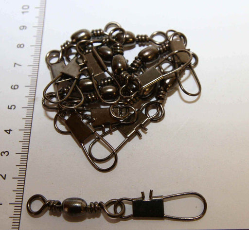 Bulk Barrel Swivel Black 2/0 + Interlock Snap 100pk displayed with scale for size reference.
