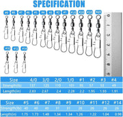 Bulk Barrel Swivel Black 5/0 + Interlock Snap 100pk specifications with sizes and strengths.