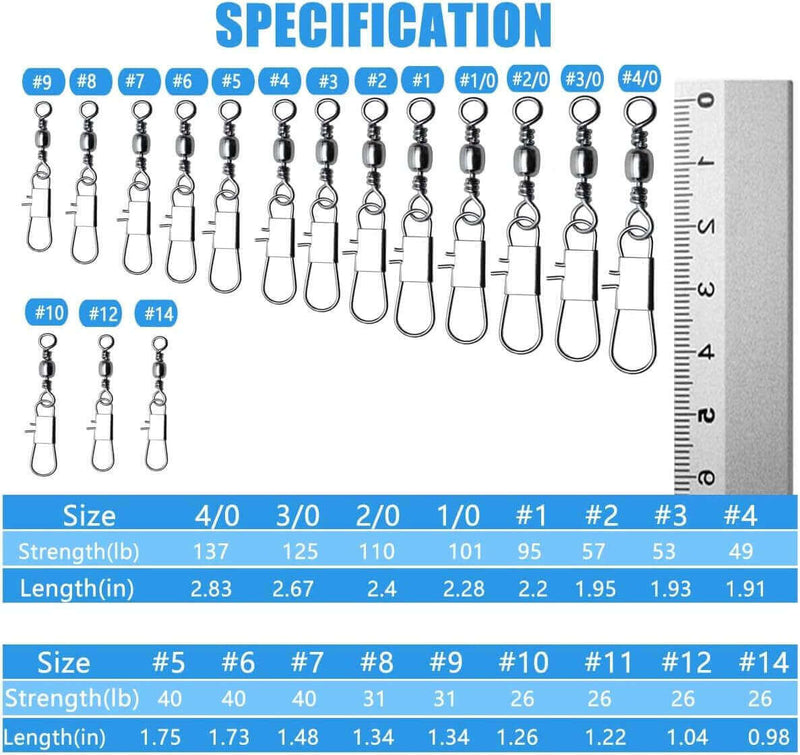 Bulk Barrel Swivel Black 5/0 + Interlock Snap 100pk specifications with sizes and strengths.