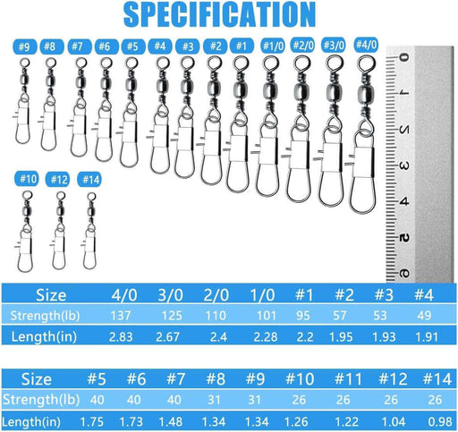 Bulk Barrel Swivel Black 5/0 + Interlock Snap 100pk specifications with sizes and strengths.