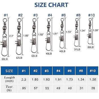 Size chart for Bulk Barrel Swivel With Interlock 4/0 100pk showing dimensions and test ratings.