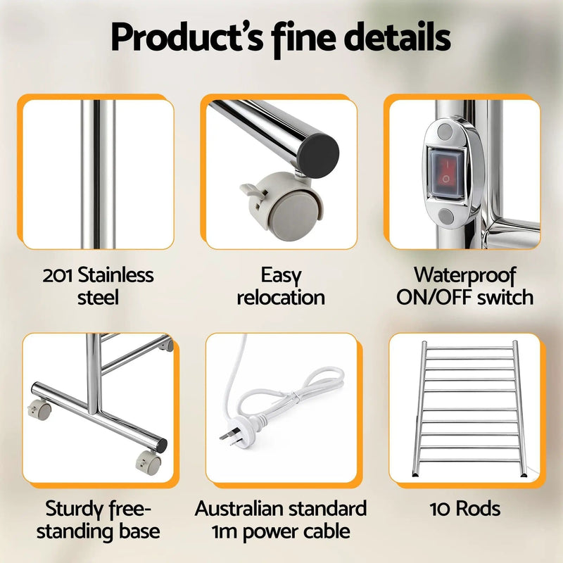 SportZone.co.nz Home & Garden > Bathroom Accessories > Towel Racks & Holders Devanti 10-Bar Freestanding Heated Towel Rail 3-5 Mins Fast Heating Electric Towel Warmer for Bathroom Winter Drying Stainless Steel Plug In 100W Devanti 10-Bar Freestanding Heated Towel Rail 3-5 Mins Fast Heating Electric Towel Warmer for Bathroom Winter Drying Stainless Steel Plug In 100W