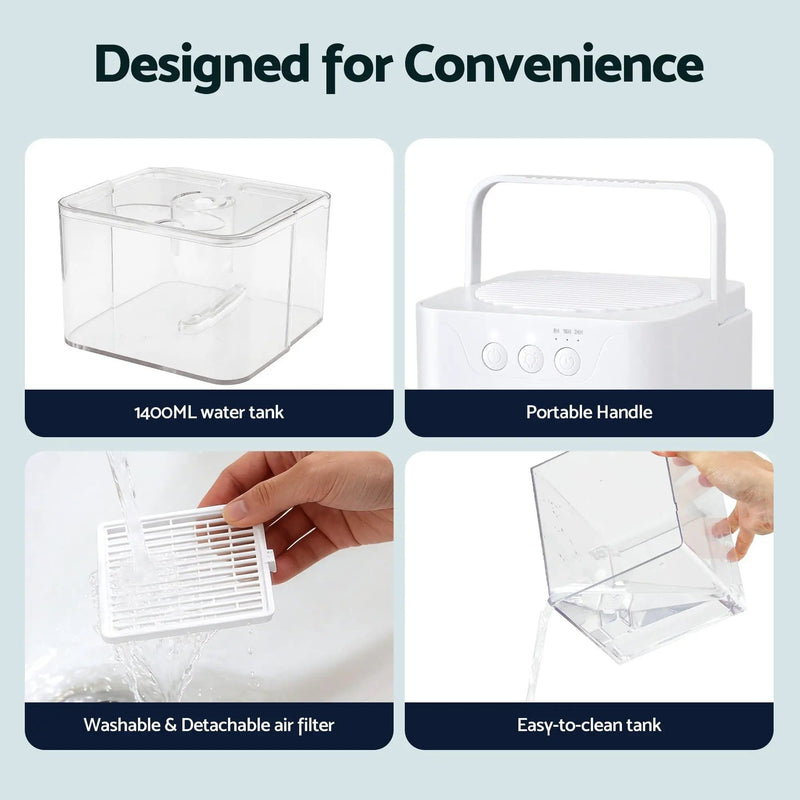 Devanti 1400ML Portable Dehumidifier Quiet Sleep Mode Timer Auto Off Bedroom White by SportZone.co.nz