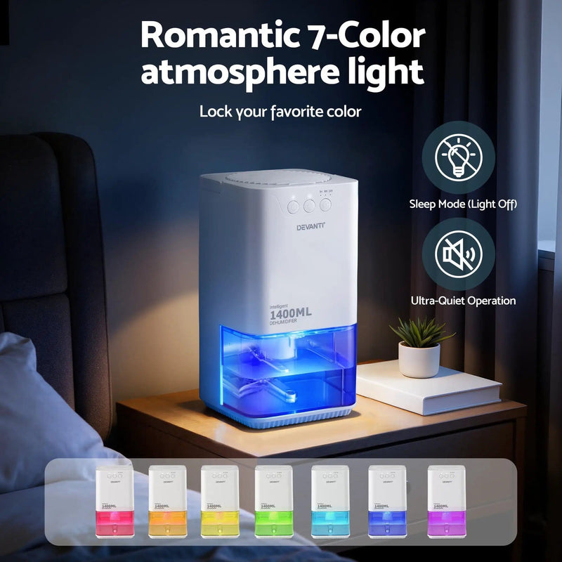 Devanti 1400ML Portable Dehumidifier Quiet Sleep Mode Timer Auto Off Bedroom White by SportZone.co.nz