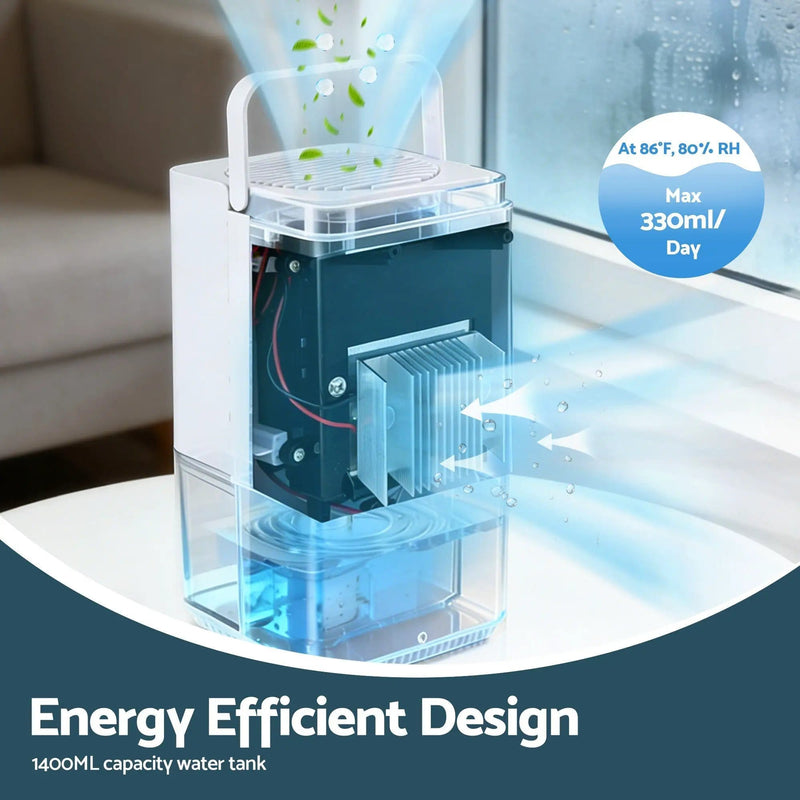 Devanti 1400ML Portable Dehumidifier Quiet Sleep Mode Timer Auto Off Bedroom White by SportZone.co.nz