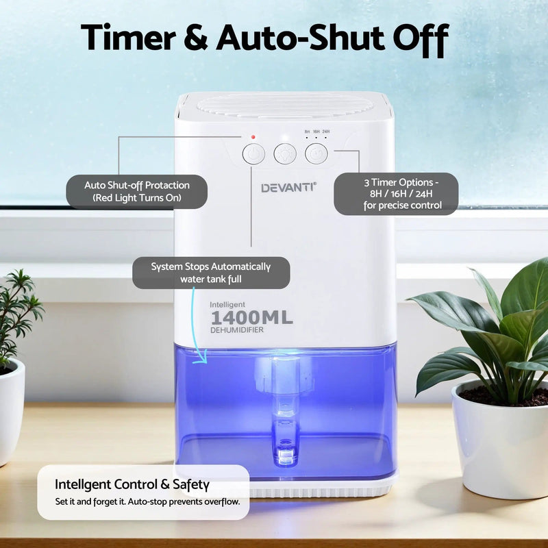 Devanti 1400ML Portable Dehumidifier Quiet Sleep Mode Timer Auto Off Bedroom White by SportZone.co.nz