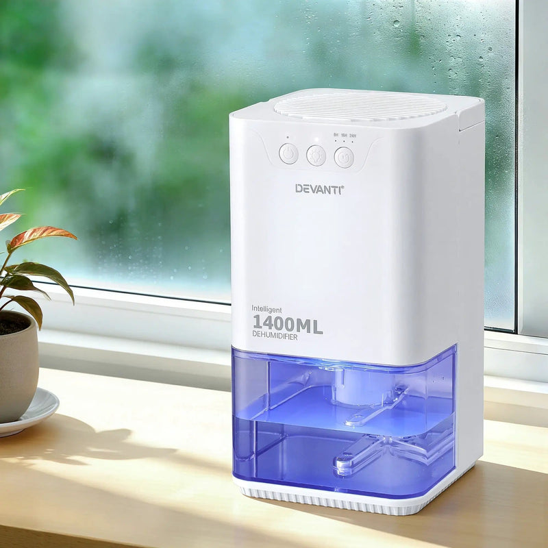 Devanti 1400ML Portable Dehumidifier Quiet Sleep Mode Timer Auto Off Bedroom White by SportZone.co.nz