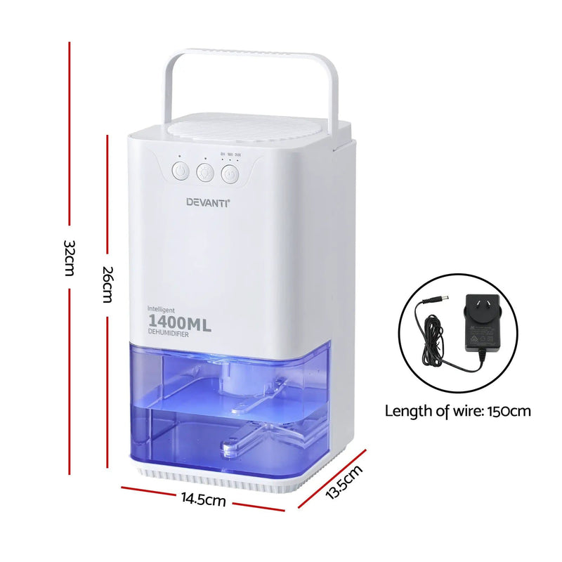 Devanti 1400ML Portable Dehumidifier Quiet Sleep Mode Timer Auto Off Bedroom White by SportZone.co.nz